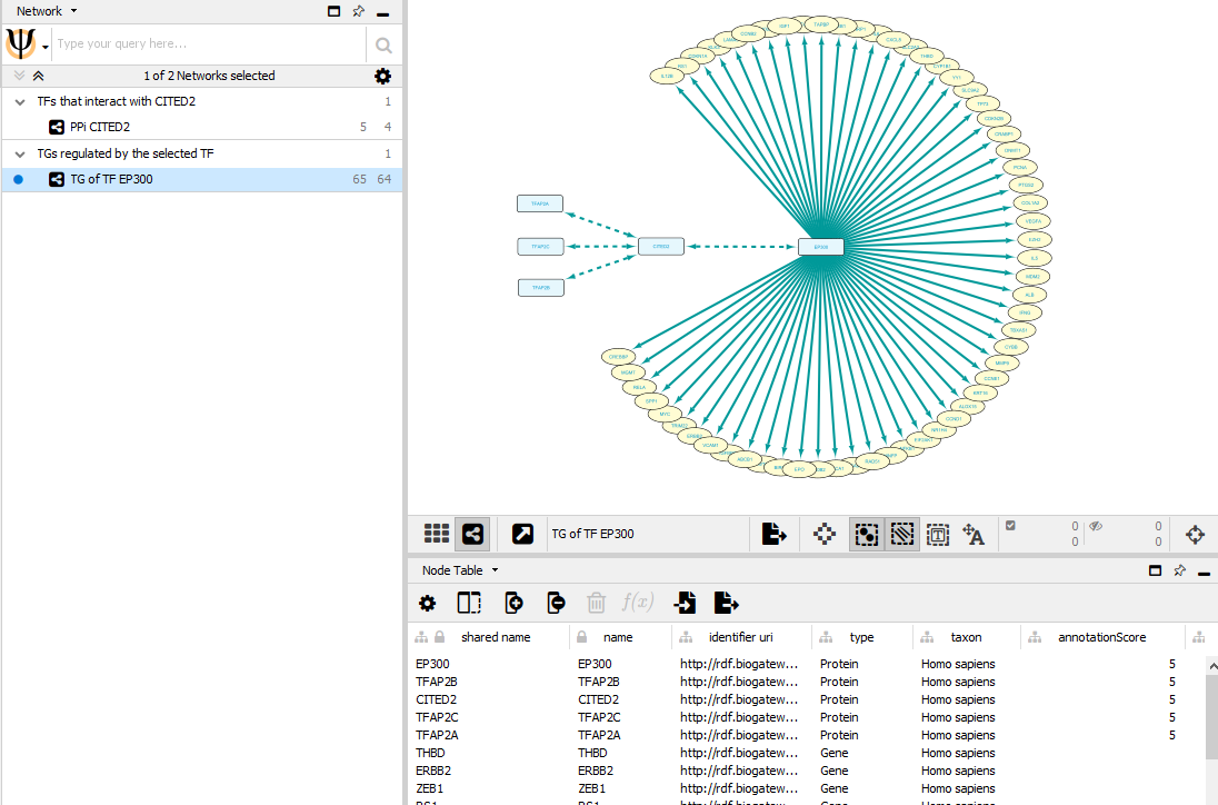 The interactions from the Second query are selected, imported into the network form the First search (dbTFs), and the layout of the network is changed for better visualization.