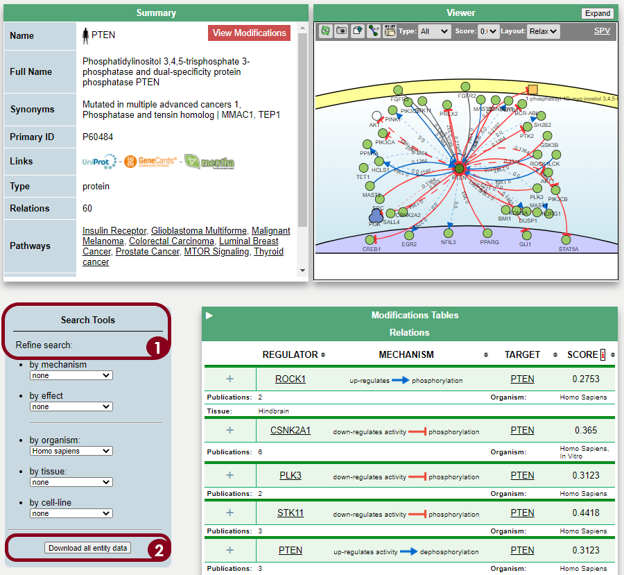 Example of how the PTEN query results look like in SIGNOR. The query can be refined with the search tools (Step 1) and the interactions can be downloaded (Step 2) and imported to Cytoscape